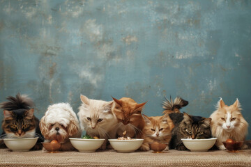 Adorable Assortment of Cats and Dogs Feasting Side by Side in Soothing Blue and Beige Tones with Exceptional Photographic Clarity - obrazy, fototapety, plakaty