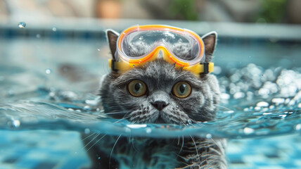 Adorable British Shorthair Cat Swimming with Mask and Wings in Pool - obrazy, fototapety, plakaty