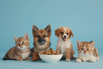 Adorable Cats and Dogs Unite at Mealtime A High Photography Showcase - obrazy, fototapety, plakaty