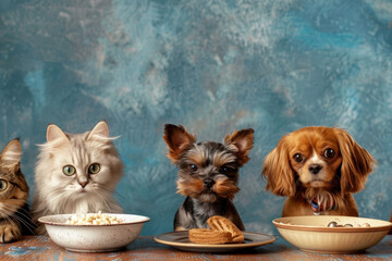 Adorable Pets Sharing Peaceful Mealtime in Soothing Tones - obrazy, fototapety, plakaty