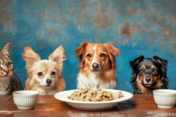 Adorable Pets Enjoying Mealtime Together in Serene Blue and Beige Tones - obrazy, fototapety, plakaty