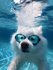 Adorable Samoyed Dog Swimming Wearing Goggles in Refreshing Pool Water - obrazy, fototapety, plakaty