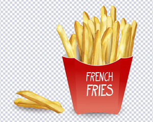 French Fries potato in red carton package box Isolated on transparent. Roasted potato chips in deep fat fry oil potatoes. Yellow sticks. Fast Food. Unhealthy tasty food. Vector illustration