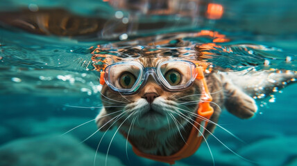 Adventurous British Shorthair Cat Exploring the Waters Wearing Swim Gear - obrazy, fototapety, plakaty