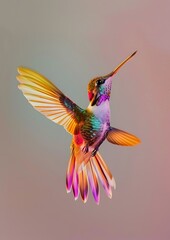 Obraz premium Iridescent Hummingbird Hovering A HighSpeed Photograph Capturing the Grace and Beauty of Natures Fastest Flying Jewel