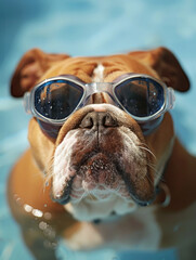 Adventurous Bulldog Wearing Goggles Enjoying a Refreshing Swim in the Water on a Sunny Day - obrazy, fototapety, plakaty