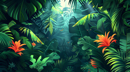 Flat Design Backdrop: Vibrant Rainforest Canopy Concept   The vibrant canopy of a tropical rainforest teems with life, showcasing the diversity of the ecosystem with a flat illustr
