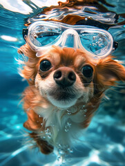 Adventurous Chihuahua Swimming Underwater Wearing Playful Goggles - obrazy, fototapety, plakaty