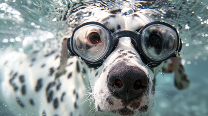 Adventurous Dalmatian Swimming Underwater with Goggles Exploring the Aquatic World - obrazy, fototapety, plakaty