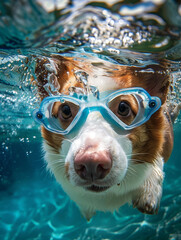 Adventurous Corgi Pup Dives into Aquatic Escapade Wearing Playful Goggles - obrazy, fototapety, plakaty