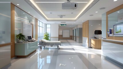 A clean and spacious hospital corridor with a gurney, reception desk, lighting, and informational boards