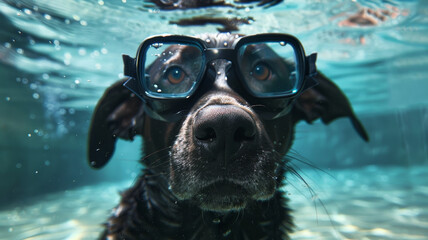 Adventurous Labrador Swimming Underwater with Goggles in Hyper Detail - obrazy, fototapety, plakaty