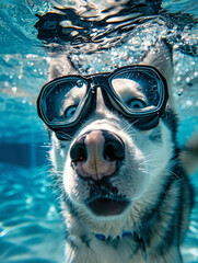 Adventurous Husky Enjoying a Refreshing Swim with Protective Goggles - obrazy, fototapety, plakaty