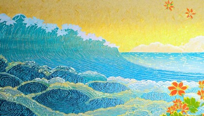 青い海と和紙、華やかで鮮明、幻想的で視覚的に見やすい、色鮮やかな色彩、ザラザラ感と品やかさ、綺麗で細かく表現 Generated by AI - obrazy, fototapety, plakaty