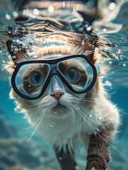 Adventurous Ragdoll Cat Equipped for Underwater in Aquatic Wonderland - obrazy, fototapety, plakaty