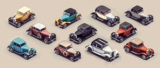 A fantastic isometric set of vintage cars, detailed to evoke a nostalgic trip down the automotive memory lane, model isolated on solid color background