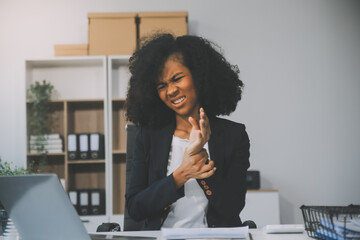 Overworked businesswoman stress from work or upset after finishing meeting. Emotional pressure,...