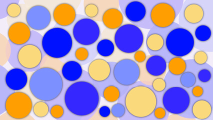 Playful abstract art with vibrant blue, orange, and brown circles on a light gradient background.