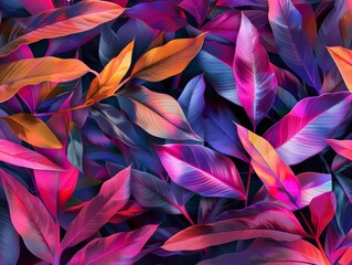 A glamorous digital art background features a seamless pattern of tropical, colorful leaves, setting the stage for a luxury fashion fabric or wallpaper