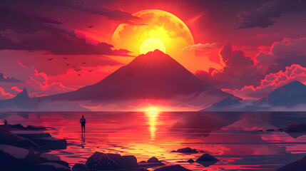 Flat Design Backdrop: Volcanic Sunset Reflections   The Setting Sun Casts Vibrant Hues Over a Volcanic Lake, Reflecting the Fiery Sky in Its Still Waters. Isometric Scene Illustrat