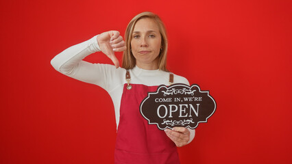 Caucasian woman with blonde hair giving thumbs down in front a red background, holding a 'come in,...