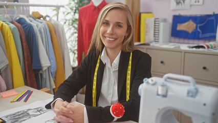 Smiling woman tailor with measuring tape in atelier surrounded by clothing sketches and sewing...