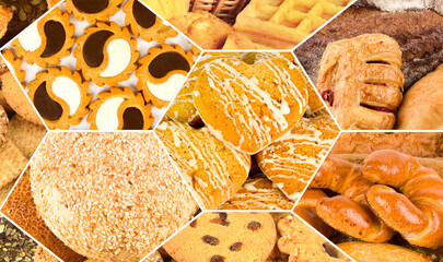 A collage of pictures of different kind of biscuits, sweets and pastries.