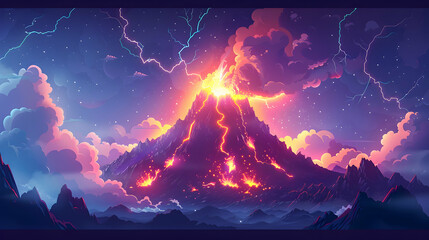Flat Design Backdrop: Dramatic Volcano Eruption with Lightning Strike, Intensifying the Explosive Event   Isometric Flat Illustration Scene