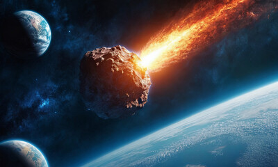 An asteroid hurtles towards Earth, posing a significant threat of impact and destruction