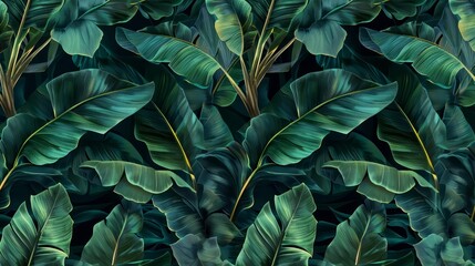 A seamless pattern of dark green banana leaves against a glamorous night background offers a vintage and luxurious feel for highend wallpaper