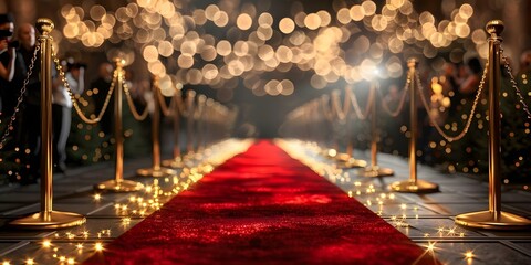 Red carpet at movie premiere with elegant setting and paparazzi. Concept Hollywood Glamour, Red Carpet Event, Movie Premiere, Elegant Setting, Paparazzi Shots