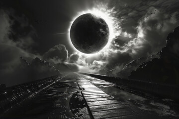 Black and white photo featuring a stone bridge leading towards a full moon. Concept of eclipse corridor