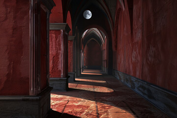 Photo of a long, dark hallway with arched openings at the end revealing a bright full moon. Concept of eclipse corridor