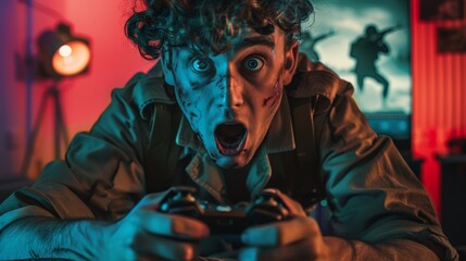 Obraz premium Intense Gamer with Special Effects Makeup Playing Video Games