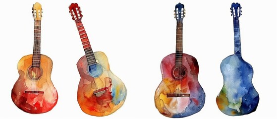 A set of watercolor of a classical guitar, echoing the rhythms of flamenco, Clipart isolated minimal with white background