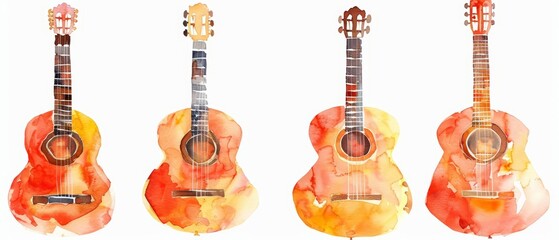Naklejka premium A set of watercolor of a classical guitar, echoing the rhythms of flamenco, Clipart isolated minimal with white background