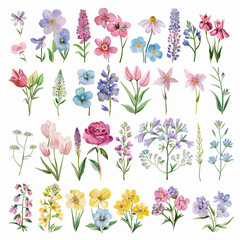 Bright and beautiful watercolor flowers arranged elegantly on a pristine white backdrop.