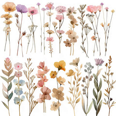 Collection of vibrant watercolor flowers is displayed on a clean white background.