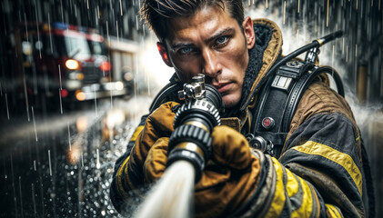 Intense portrait of an attractive firefighter in action during a rainy night
