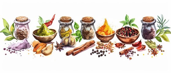 A set of watercolor of a colorful assortment of exotic spices, a gateway to flavorful adventures, Clipart isolated with a white background
