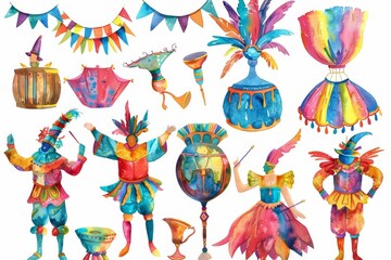 A set of watercolor of a vibrant carnival parade, filled with costumes and music, Clipart isolated minimal with white background