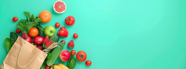 vegetables and fruits on a green background seen from above