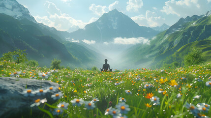 Individuals meditating in serene Alpine meadows connecting deeply with the tranquil and restorative natural environment   Photo realistic Alpine Meadow Meditation concept