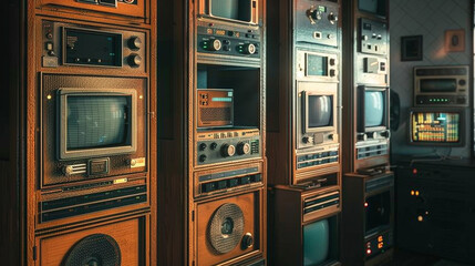 Data center with a vintage theme, servers housed in cabinets resembling old radio and television sets.