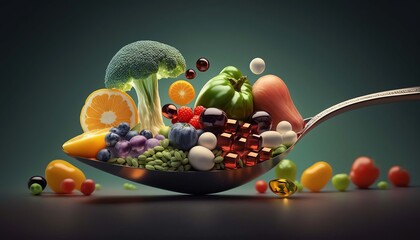 spoon full of supplements on the background of vegetables, fruits. Generative AI,
