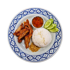Deep-fried chicken and garlic with rice, served with sweet chili sauce, isolated on a transparent background.
