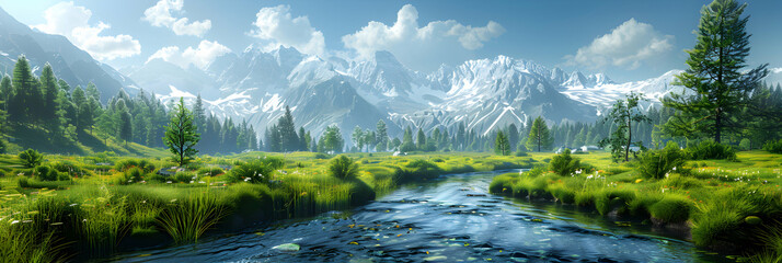 Pure and untouched Alpine meadows intersected by crystal clear mountain streams in a photo realistic concept