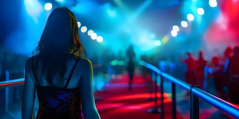 Obraz premium A woman confidently walking on the red carpet at a glamorous event. Concept Celebrity Fashion, Red Carpet Glamour, Confidence and Elegance, High-Profile Event, Glamorous Entrance