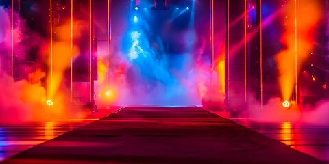 Fototapeta premium Glamorous red carpet event with a brightly lit stage. Concept Red Carpet Event, Glamorous Setting, Bright Stage Lights, VIP Guests, Elegant Outfits