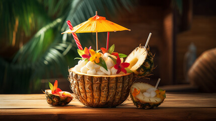 A fruity pina colada served in a coconut shell with a paper umbrella and tropical fruit skewers.